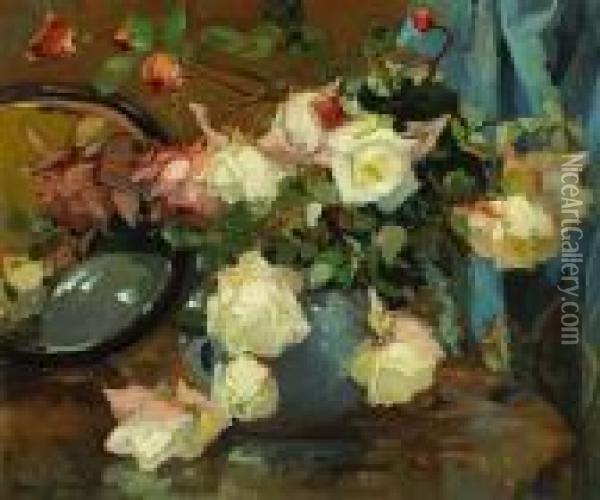 Roses In A Blue Vase On A Table With Amirror Oil Painting - Franz Bischoff