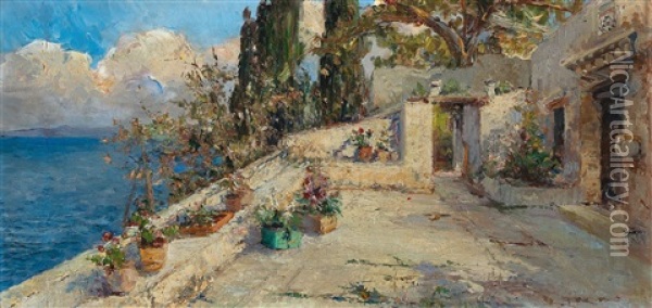 View From A Terrace Oil Painting - Leontine (Lea) von Littrow