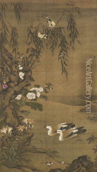 Birds And Flowers Oil Painting - Lu Ji