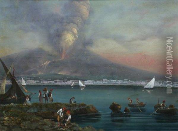 Figures On The Shore With Vesuvius Erupting In The Background Oil Painting - Gioacchino La Pira