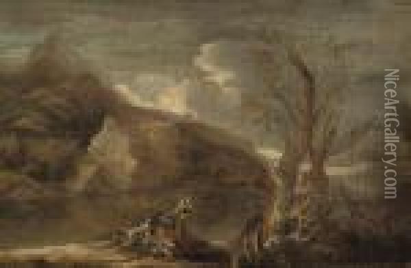 A Mountainous River Landscape 
With Figures Conversing On A Rock; And A Mountainous River Landscape 
With Figures Conversing With A Soldier On A Bank Oil Painting - Salvator Rosa