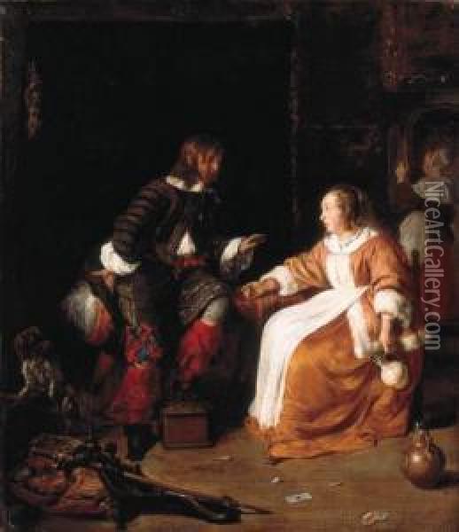 An Officer Paying Court To A Young Woman In An Interior Oil Painting - Gabriel Metsu