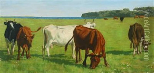 Grazing Cows Oil Painting - J. Resen Steenstrup