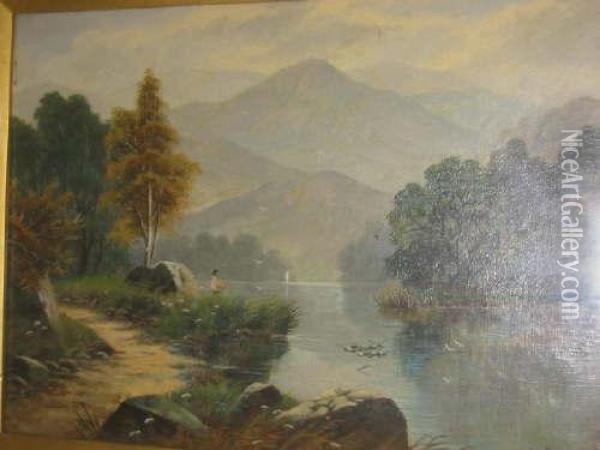 Riverscene With Boat And Figures Oil Painting - A.H. Vickers