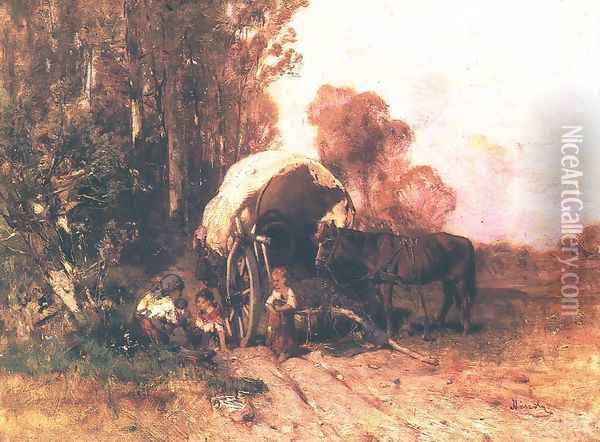 Poor Family Resting on their Travels 1881 Oil Painting - Geza Meszoly