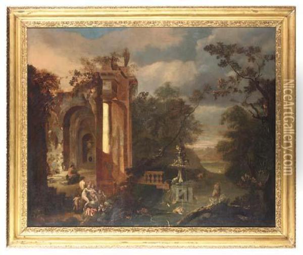 A Wooded River Landscape With Nymphs And Satyrs By A Capriccio Ofclassical Ruins Oil Painting - Abraham van Cuylenborch