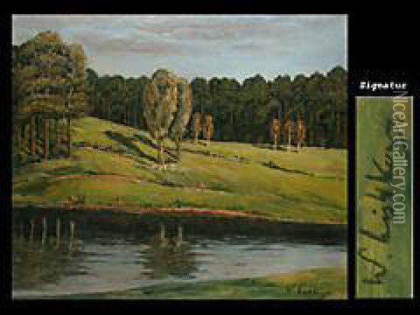 Hugeliges Ufer Mit Baumkronen Vor
Einem Kiefernwald, Abendlicht Oil Painting - Walter Leistikow