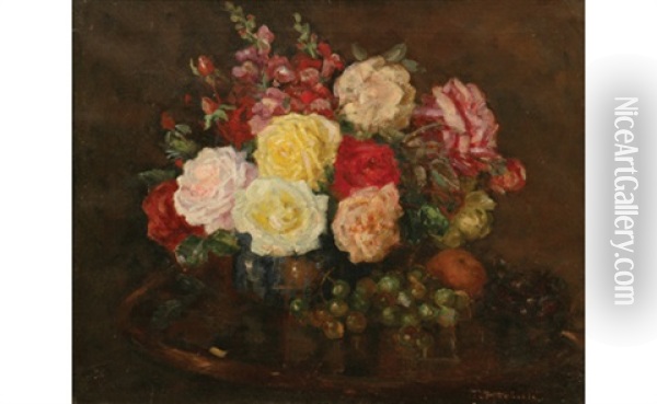 Still Life With Roses And Grapes Oil Painting - Thomas William Roberts