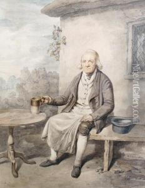 Gentleman Seated Outside A Cottage Holding Atankard Oil Painting - William Henry Pyne