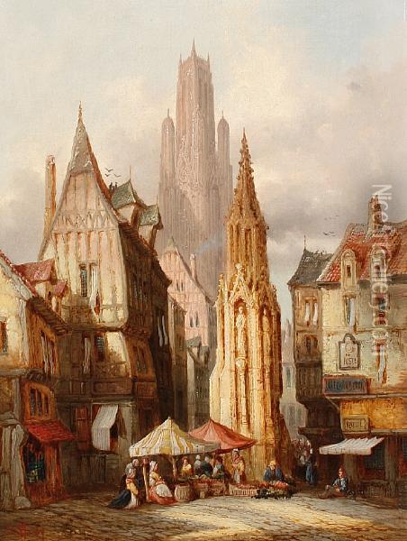 Market Scene, Evreux; Street Scene, Rouen, Apair Oil Painting - Henry Thomas Schafer