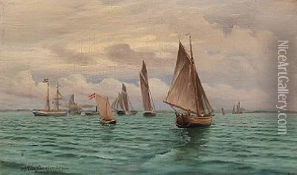 Seascape With Sailing Ships Oil Painting - Andreas Christian Riis Carstensen