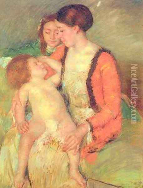 Young Mother Daughter and Baby Oil Painting - Mary Cassatt