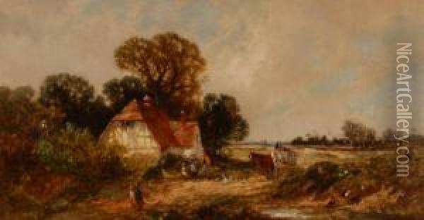 Figures And A Horse Drawn Cart By A Timber Framed Rural Cottage Oil Painting - Edwin Long Meadows