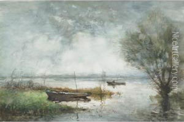 Boatman In A Polder Landscape Oil Painting - Willem Johannes Weissenbruch