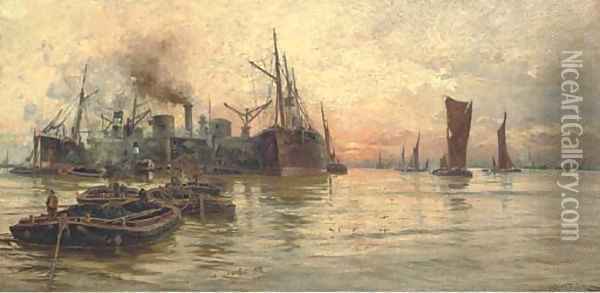 The bustling Thames at dusk Oil Painting - Charles John de Lacy