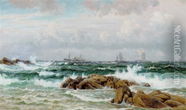 Marine Med Skibe Ud For Kysten, Frisk Vind Oil Painting - Christian Blache