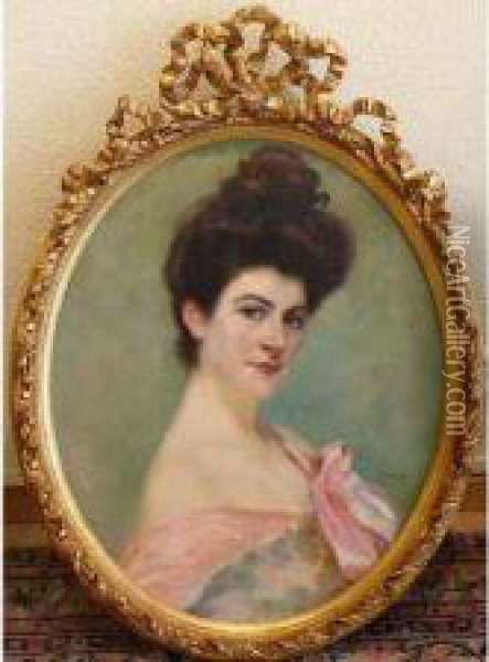 Portrait Ovale D'elegante En Buste. Oil Painting - Pierra Ribera