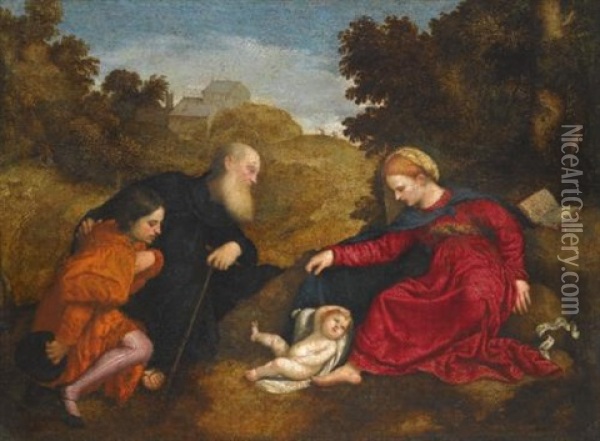 Madonna And Child With St. Anthony Abbot And A Young Male Donor Oil Painting - Paris Bordone