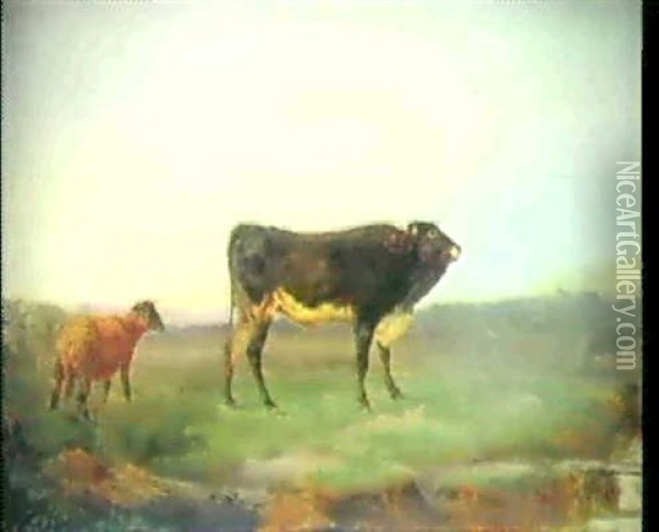 Landschaft Mit Stier Und Schaf Oil Painting - Charles (Jean-Ch. Ferdinand) Humbert