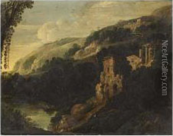 An Italianate Mountainous Landscape With A Washerwoman In The Foregroud Near A Stream Oil Painting - Bartholomeus Breenbergh