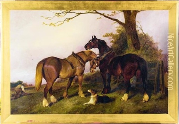 Plough Team And A Dog In A Landscape Oil Painting - George Wright