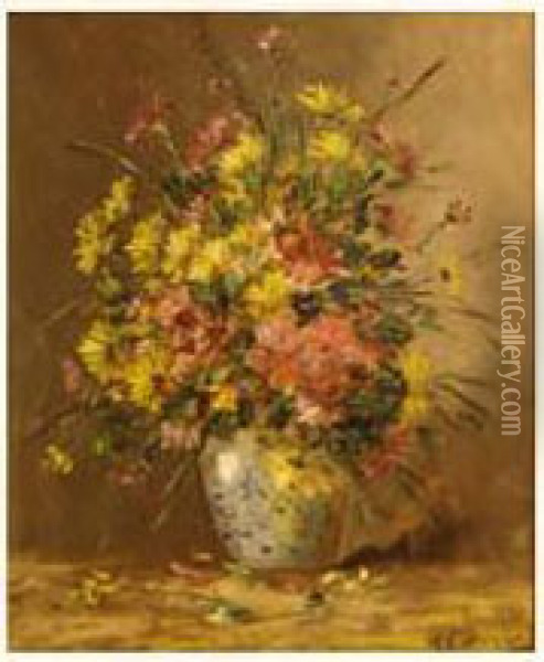 Vase De Fleurs Jaunes Et Roses Oil Painting - Eugene Henri Cauchois