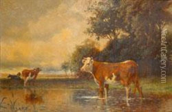 Cattle By A River Oil Painting - Robert Atkinson Fox