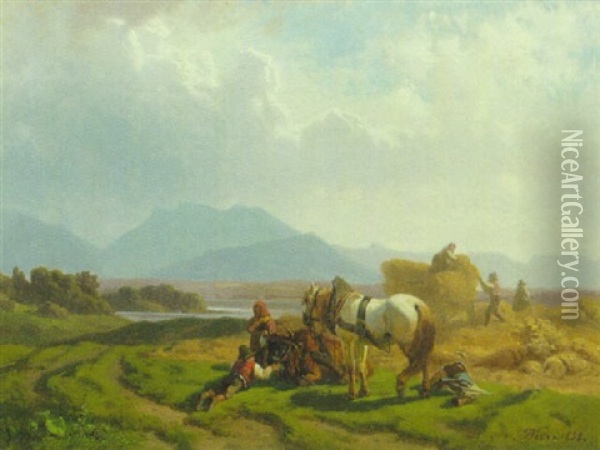 Getreideernte Im Voralpenland Oil Painting - Julius Noerr