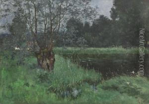 Flusslandschaft Mit Weide. Oil Painting - Josua Von Gietl