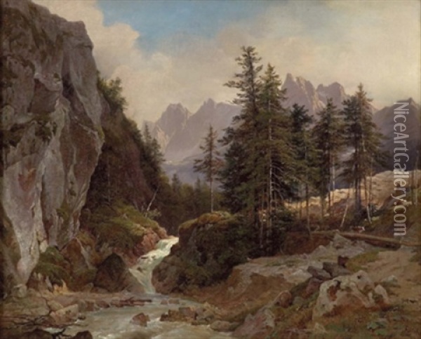 Kleiner Wasserfall Mit Blick Auf Hochgebirge Oil Painting - Franz Reinhold