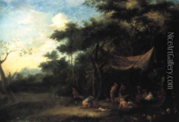 A Wooded Landscape With Elegant Company Merrymaking In A Clearing Oil Painting - Johannes Jakob Hartmann