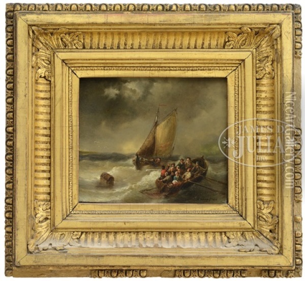 Marine Scene Figures In A Row Boat Oil Painting - Henri Adolphe Schaep