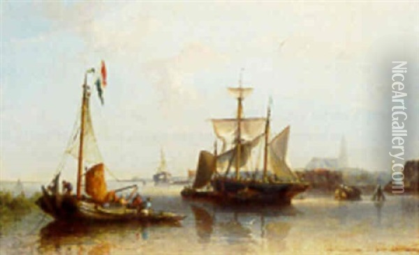 Moored Shipping In The Harbor Of A Town Oil Painting - Nicolaas Riegen