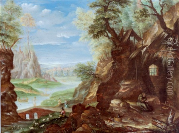 Gebirgige Flusslandschaft Mit Einem Einsiedler Und Einem Ziegenhirten Oil Painting - Franz Hartmann