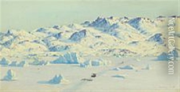 Dog Sledding At Rodebay, Greenland Oil Painting - Emanuel A. Petersen