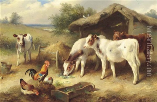 Calves, A Cockerel And Hens Beside A Barn Oil Painting - Walter Hunt