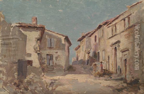 Rue De Village En Lorraine Animee. Oil Painting - Edmond Marie Petitjean