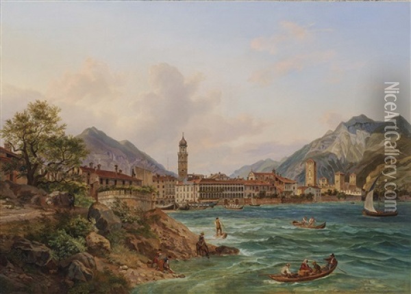 View Of Riva On Lake Garda Oil Painting - Heinrich Adam