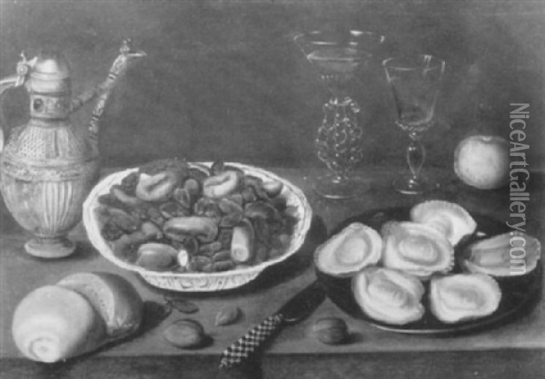 A Stoneware Jug, A Roll And Plate Of Sweetmeats, A Knife, A Peach, A Plate Of Oysters... Oil Painting - Osias Beert the Younger