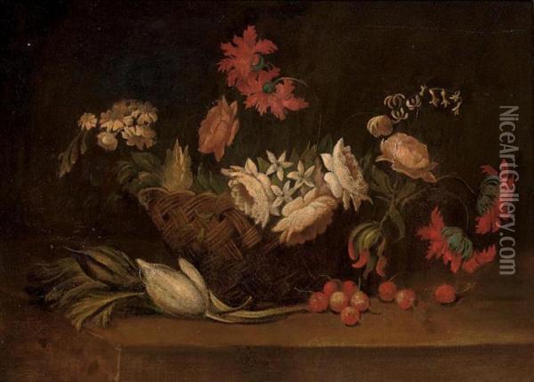 Roses, Carnations, Peonies And 
Other Flowers In A Basket, With Parsley, Tulips And Cherries On A Stone 
Ledge Oil Painting - Jan Fyt