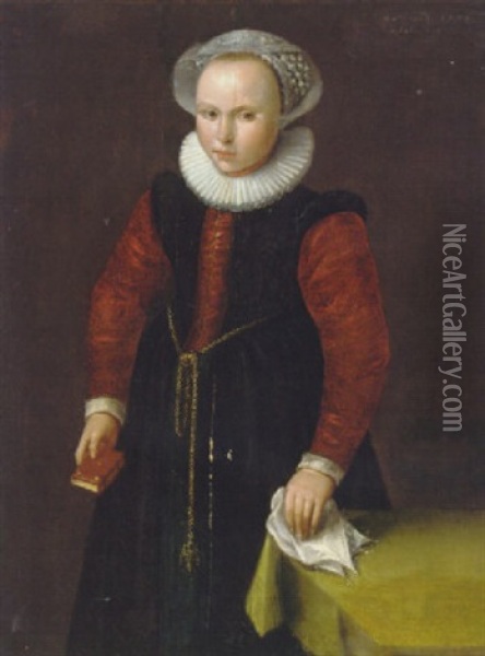 Portrait Of A Girl Aged Eight In A Black And Red Dress, Holding A Missal And A Lace Handkerchief Oil Painting - Frans Pourbus the Elder