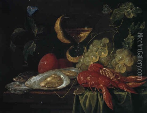 Still Life With A Lobster, A Glass Of Wine, Grapes, Oysters, Plums, A Lemon Rind, On A Table... Oil Painting - Jan van Kessel the Elder