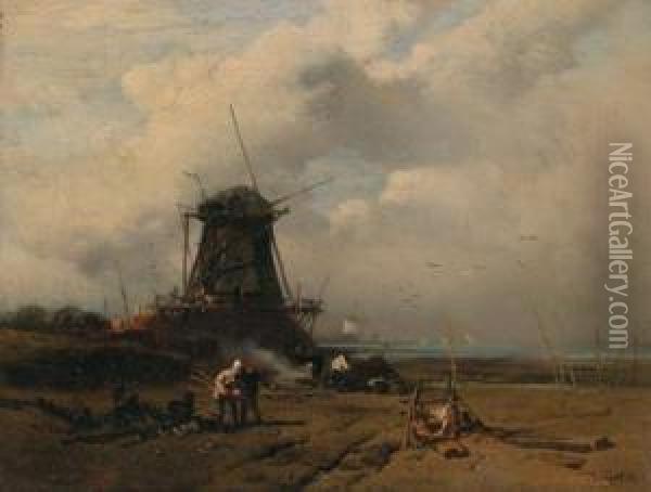 Beach Scene With Windmill Oil Painting - Charles Hoguet