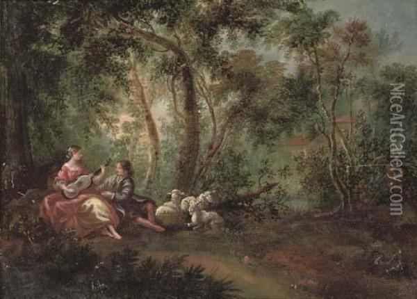 A Wooded River Landscape With A Shepherd And Shepherdess Making Music Oil Painting - Watteau, Jean Antoine