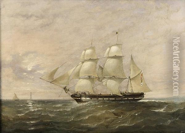 Sailing Vessel, Believed To Be 
The Brightman, Off A Coast With Lighthouse In The Distance Oil Painting - William Adolphu Knell