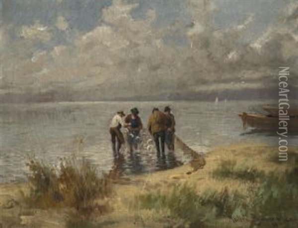Fischer Mit Ihrem Netz Am Seeufer Oil Painting - Carl Mueller-Baumgarten