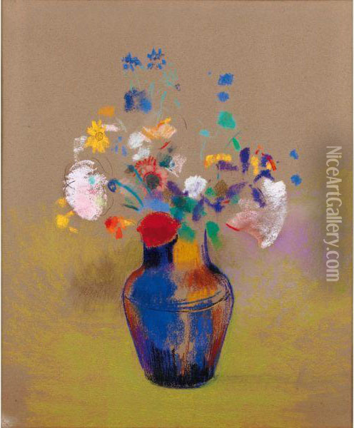 Fleurs Sur Fond Gris Oil Painting - Odilon Redon