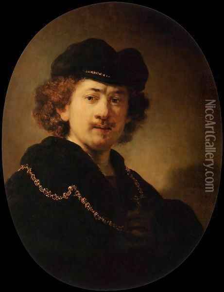 Self-Portrait Wearing a Toque and a Gold Chain Oil Painting - Rembrandt Van Rijn