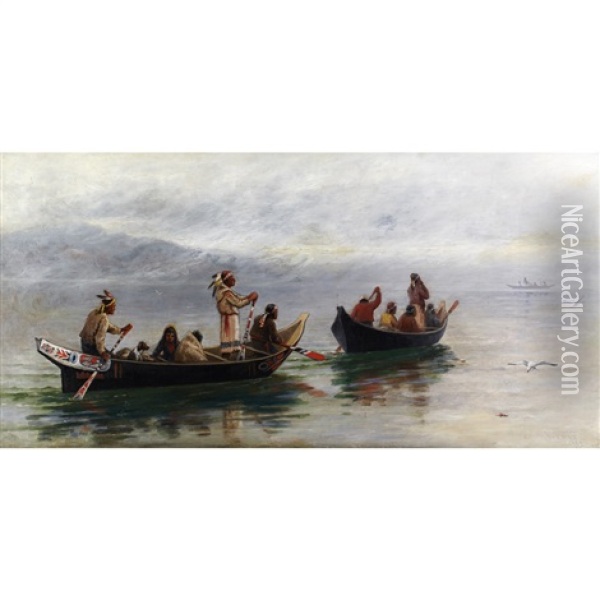 Indians Paddling West Coast Canoes Oil Painting - Frederick Arthur Verner