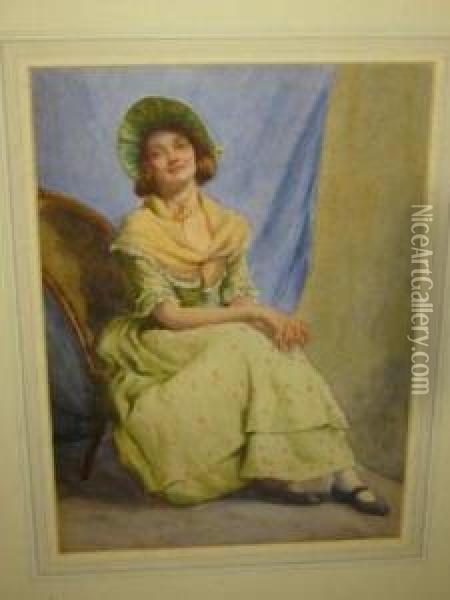 Portrait Of A Young Woman In A Green Bonnet Oil Painting - Thomas Matthew Rooke